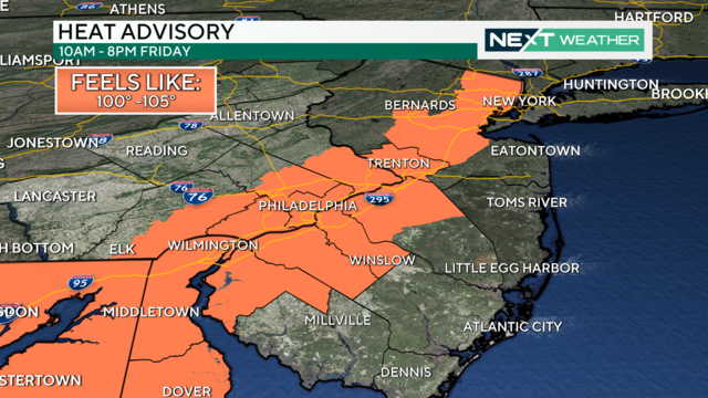 A map showing that a heat advisory is in effect for most of the Philadelphia region with feels like temperatures anticipated to be between 100 and 105 degrees 